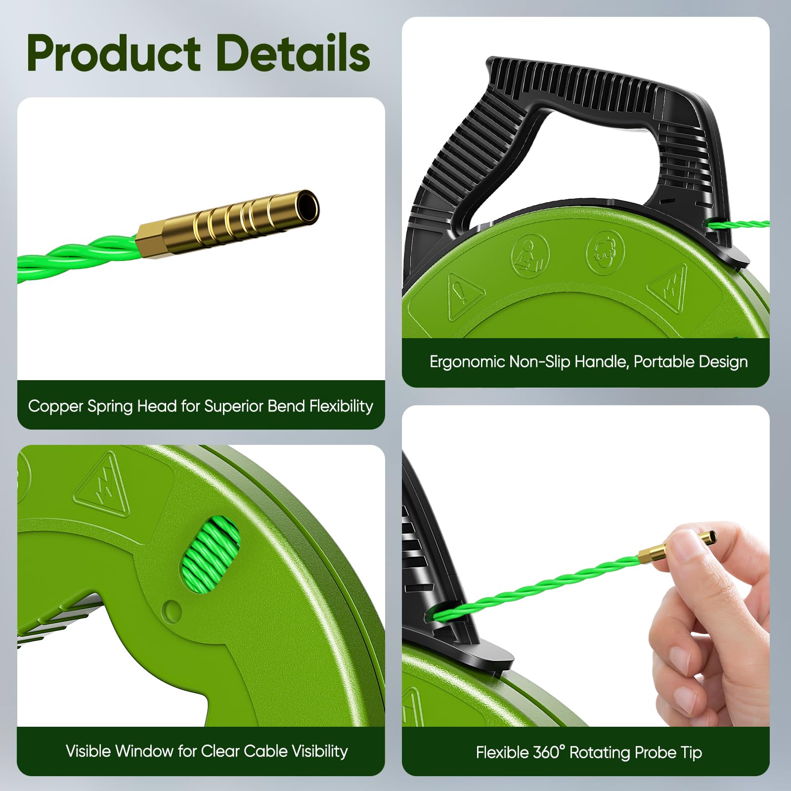 50m Guia Pasacables, 4,5mm Guia Electricista con 6 Adaptadores, Pasacables Cable Eléctrico de Poliéster, Guia Cables Espiral Ayuda de Extracción de Cables para Tirar de Cable