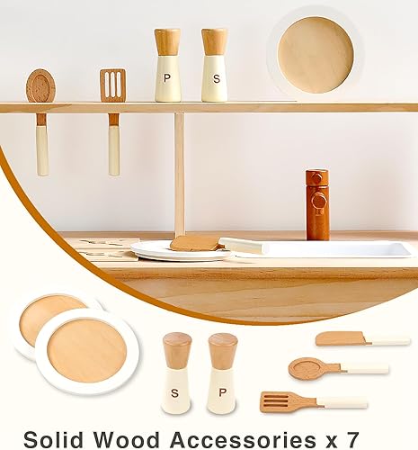 Miniatura 4 de PairPear Juego de cocina de madera, madera de pino maciza 2 en 1, estante de cocina y mercado para niños con pizarra, acabado natural, juego de