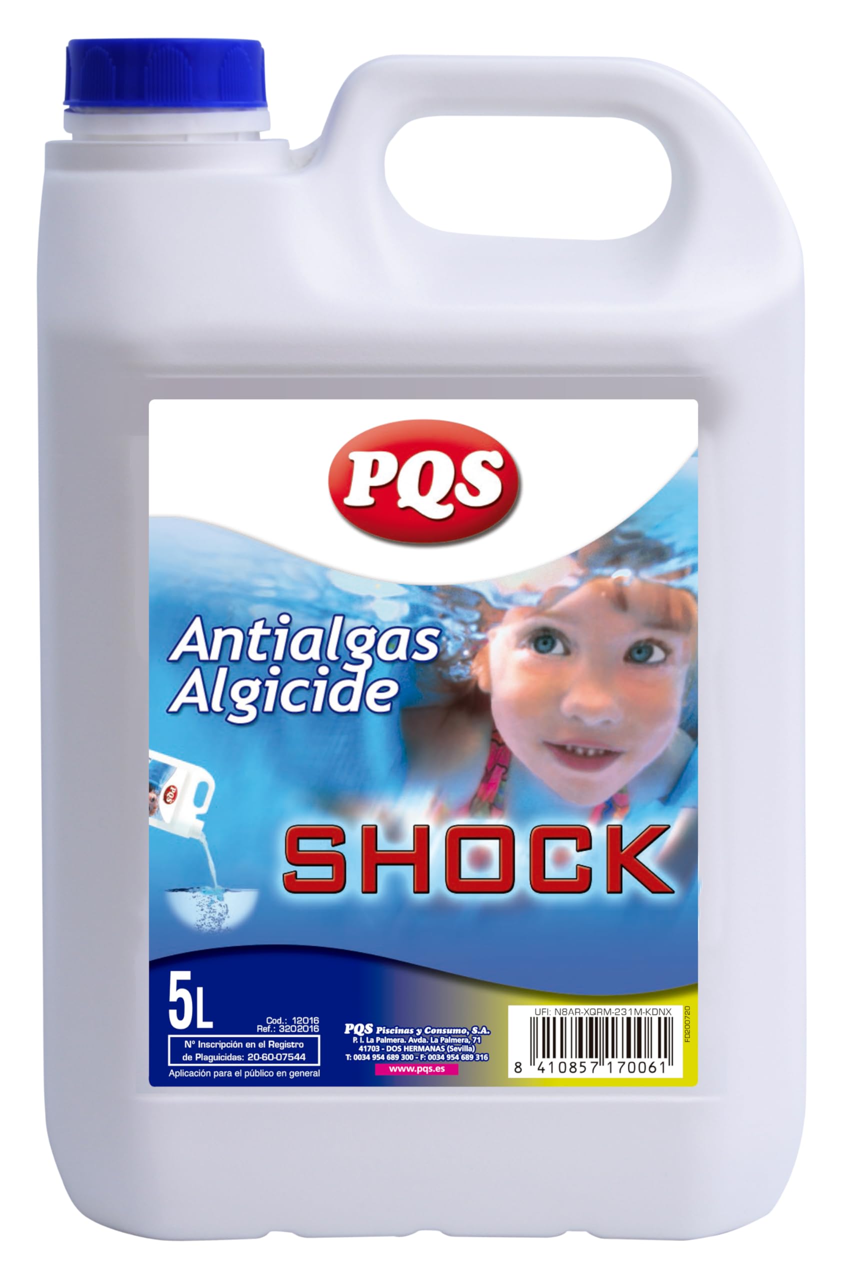 PQS - Antialghe Shock per Piscine - Algicida Liquido ad Alta Solubilità - Trattamento d'Urto Contro Alghe Verdi e Macchie su Pareti - Non Schiumogeno - Non Modifica il pH - Formato 5 L
