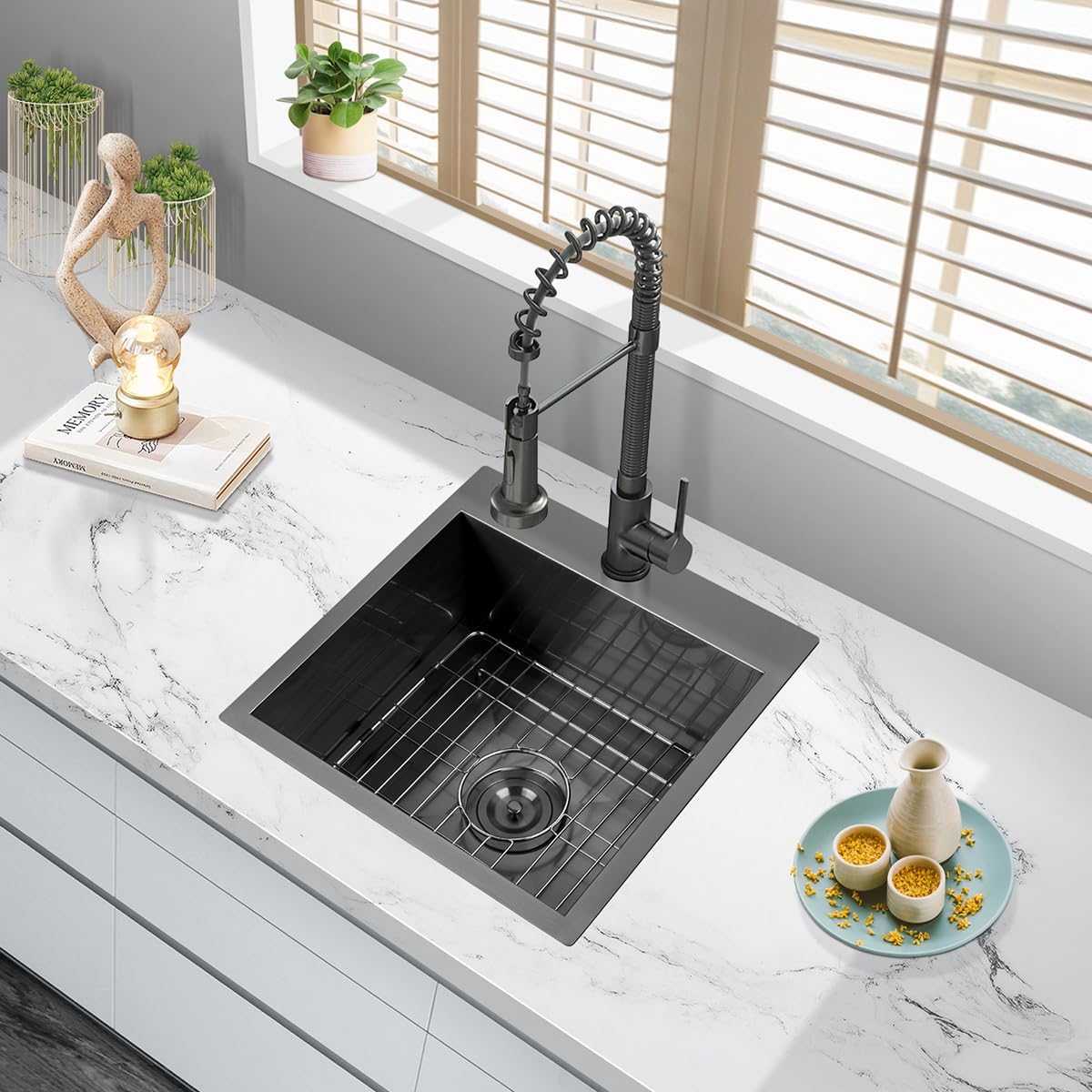 FRANIC 18" Handmade Black Bar Workstation Sink, 18" x 18" x 9" Stainless Steel Matte Nano Black Topmount Single Bowl Small Kitchen Outdoor Sink