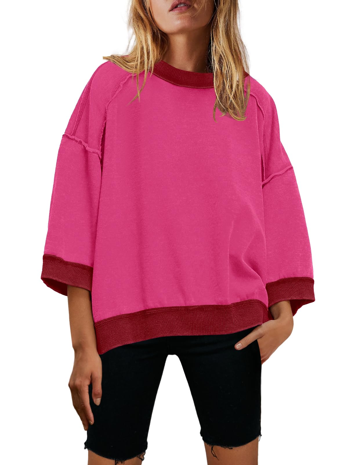 Nirovien Womens Short Sleeve Sweatshirt Oversized Crewneck Sweatshirts 3/4 Sleeve Casual Summer Tops