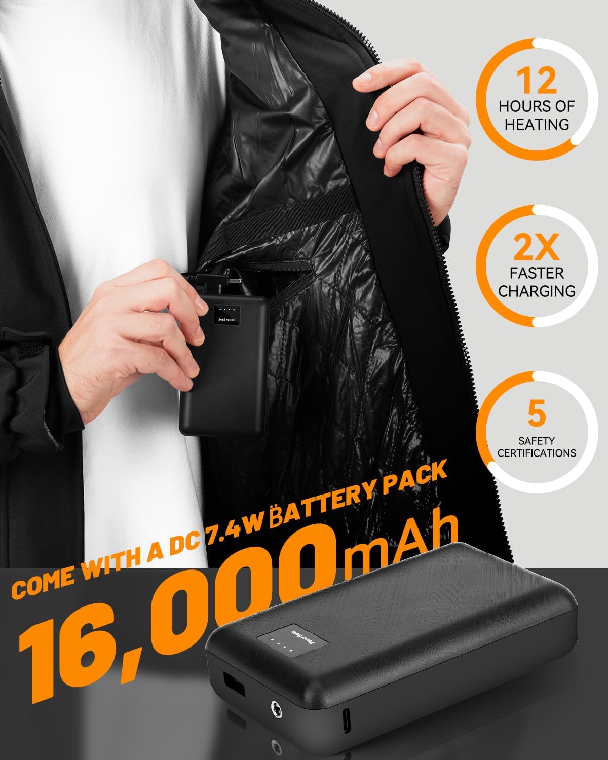 Heated Jackets for Men with 7.4V 16000 Rechargeable Pack, Winter Electric Outdoor Soft Heated Coat with Detachable Hood - Image 5