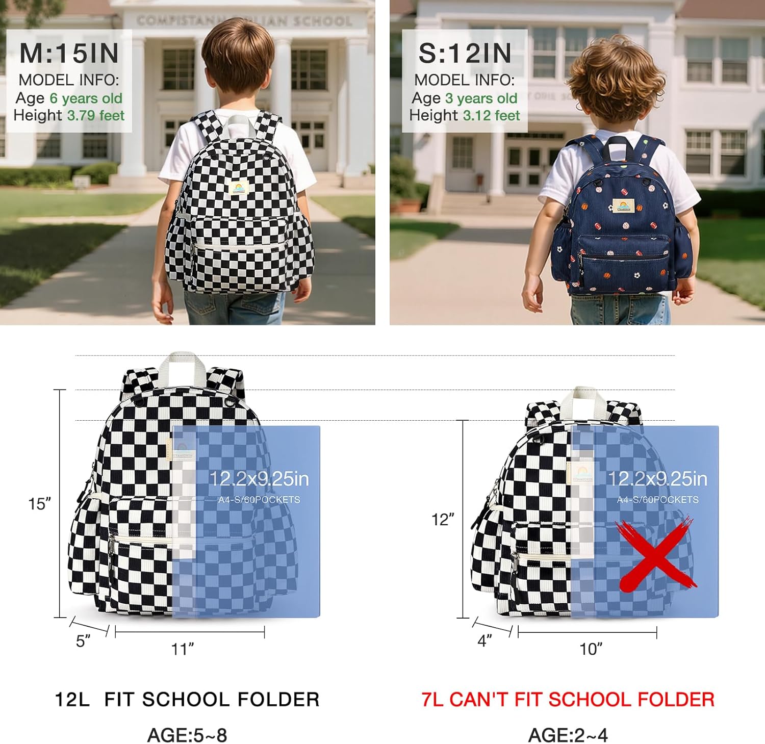 STEAMEDBUN Corduroy Toddler Backpack for Boys 2-4: Kids backpack for Boys Girls - 12 inch Preschool Kindergarten Backpacks - Checkered - Image 2
