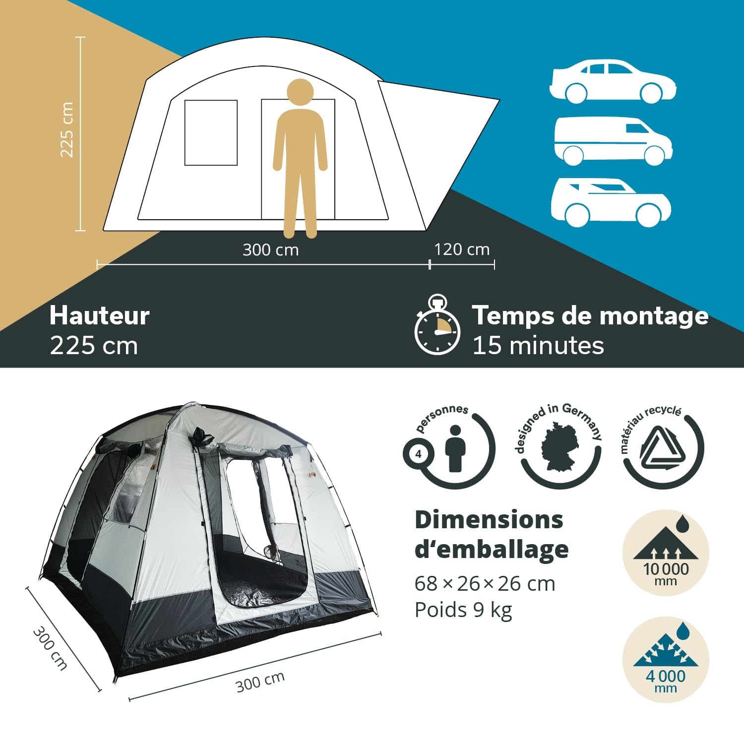 Skandika Auvent pour Bus Pitea Van | pour 4 Personnes, autoportant, Sol Cousu, Hauteur 2,2 m, Grandes fenêtres, étanche, Colonne d'eau 3000 mm, moustiquaires, 3 x 3 m, Tente dôme pour Bus, Caddy