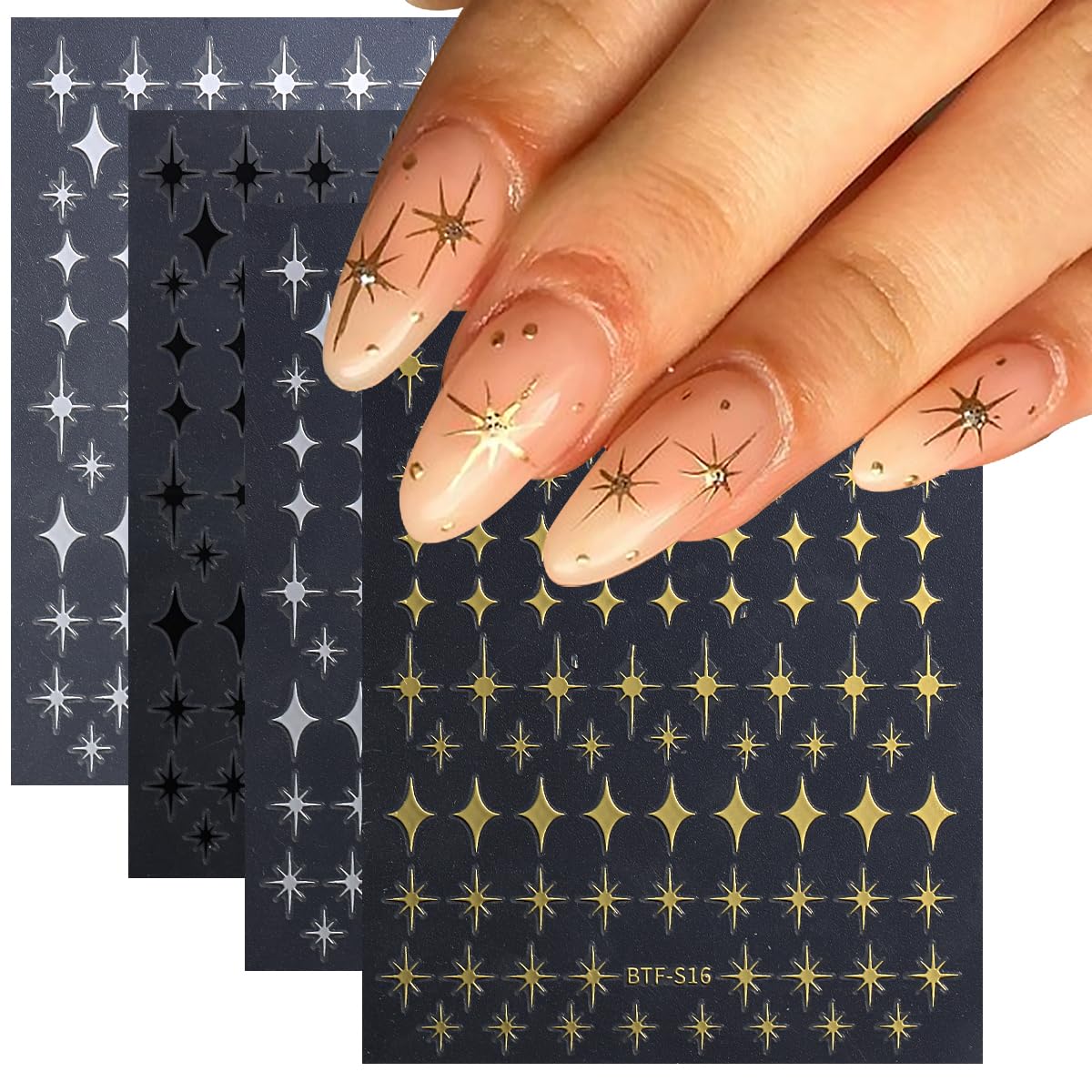 8 Sheets Star Nail Art Stickers 3D Star Self-Adhesive Gold Silver Black Nail Stickers 4-Corner Shiny Star Nail Decals Rose Gold Nail Design Nail Art