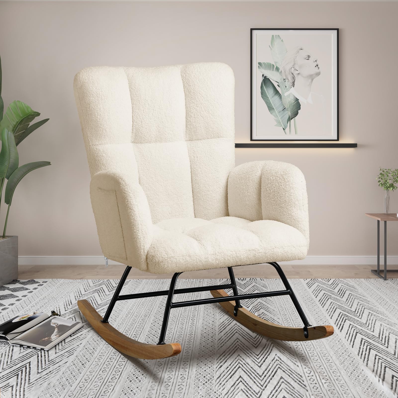 COMHOMA Rocking Chair, Comfy Teddy Fabric Nursing Armchair for Nursery with High Backrest Lounge Chair for Adults Living Room Bedroom