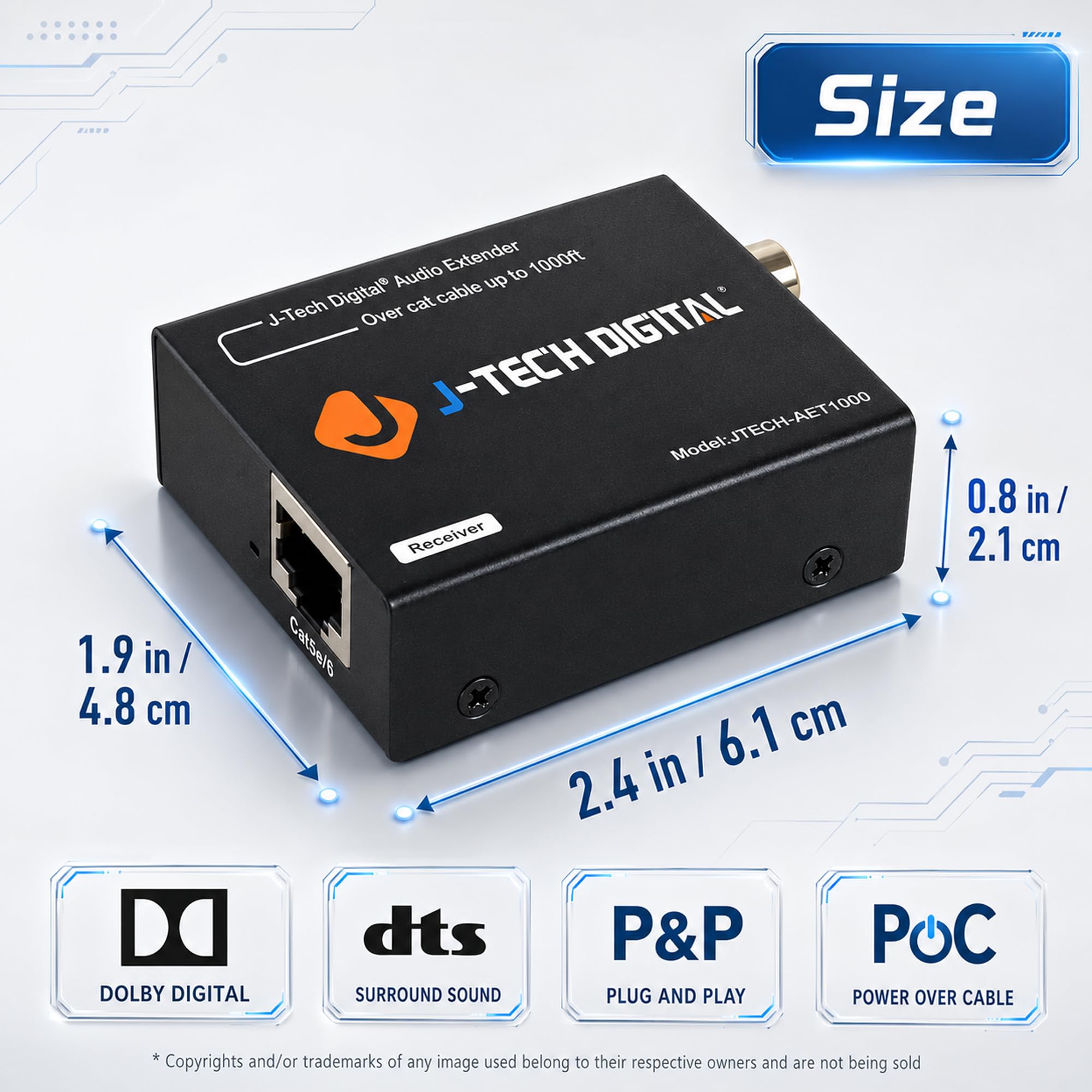 J-Tech Digital Digital Audio Extender Converter for Optical/Coaxial Audio Over Single Cat5e/6 Cable (PoC) up to 990’ (300m) for Dolby Digital, DTS 5.1, DTS-HD, PCM [JTECH-AET1000]