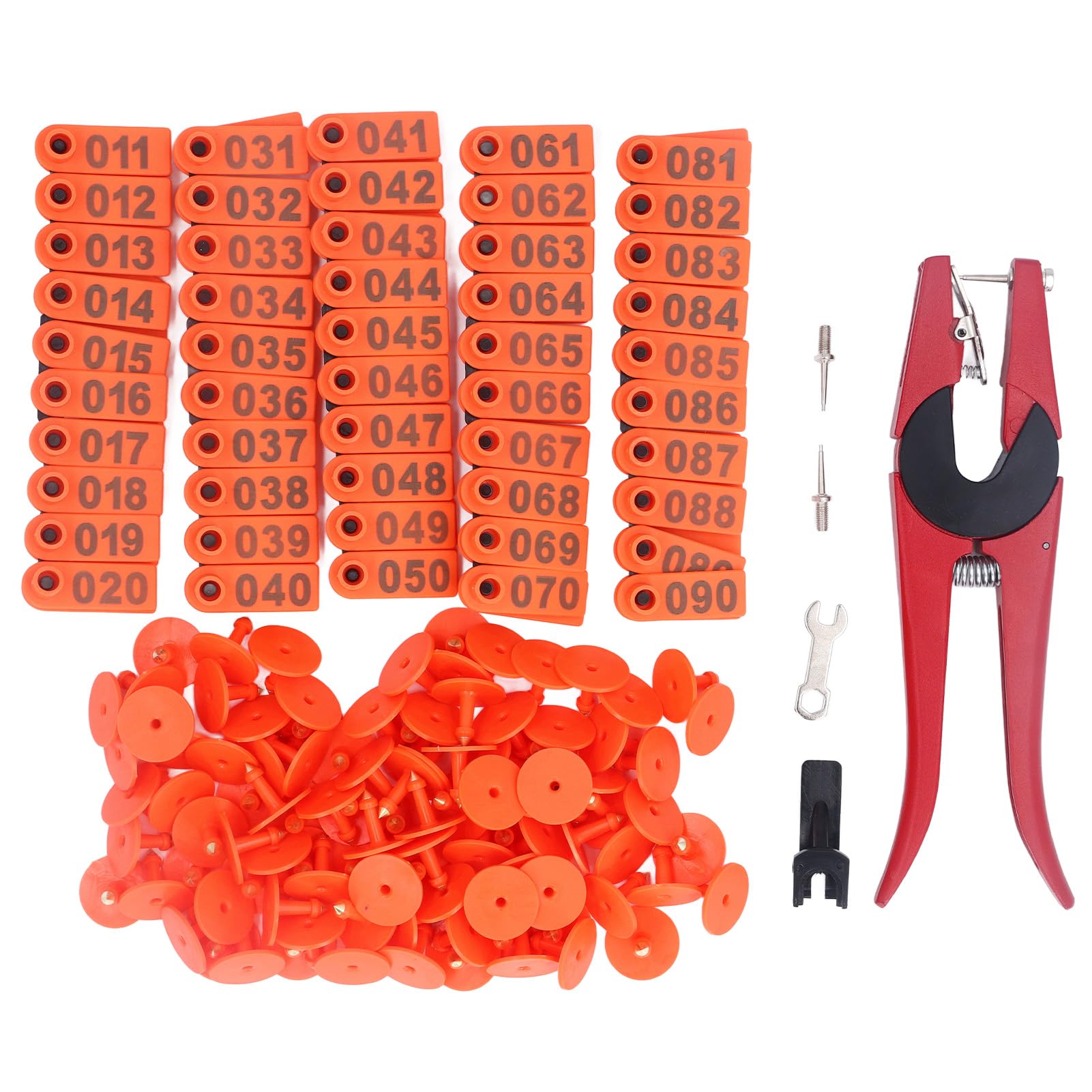 100 Sets Livestock Ear Tag Kit Number Animal Ear Tag with Applicator for Cattle Horse Pig Sheep (Orange Ear Tag with Red Pliers with 2 Ear Tag)
