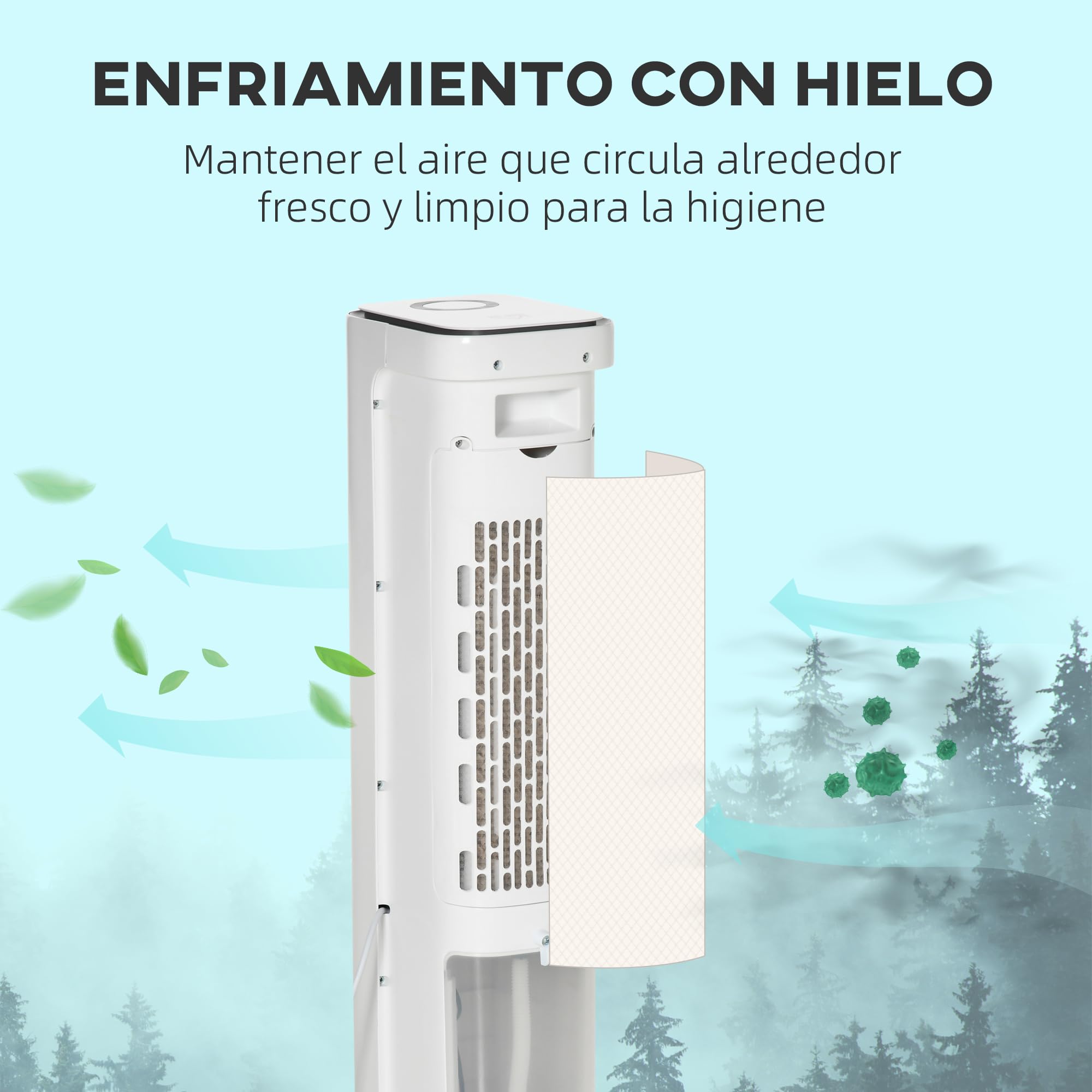 HOMCOM Climatizador Evaporativo Bajo Consumo 75W Depósito 5L Oscilante con Control Remoto 3 Modos 3 Velocidades Temporizador 12h y Pantalla LED Táctil 23x29x86 cm Blanco