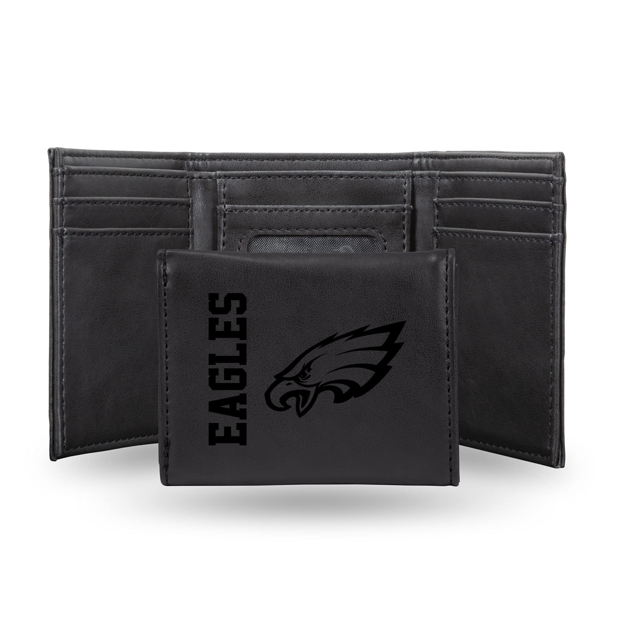 Rico Industries NFL Philadelphia Eagles Trifold Wallet, Black - Laser Engraved Vegan Leather, 6 Card Slots, ID Window