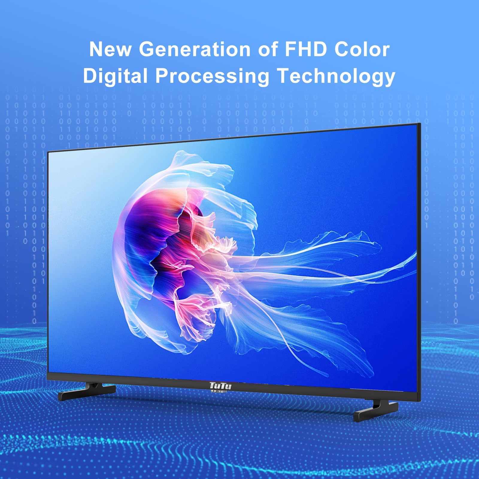 TuTu TV displaying a vibrant jellyfish image, illustrating FHD color digital processing technology