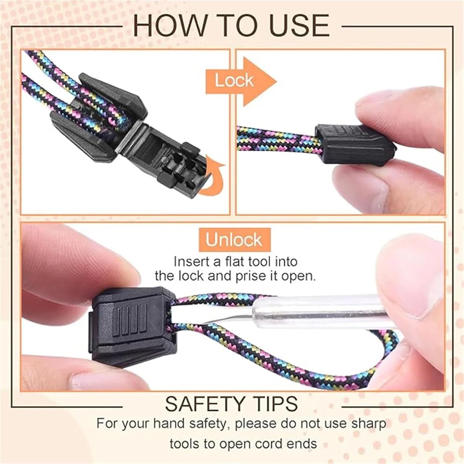 Plastic Cord Lock 100pcs/pack Zipper Pull Cord Ends for Paracord & Cord Tether Tip Cord Lock Plastic Black for Drawstring(C019-B1)
