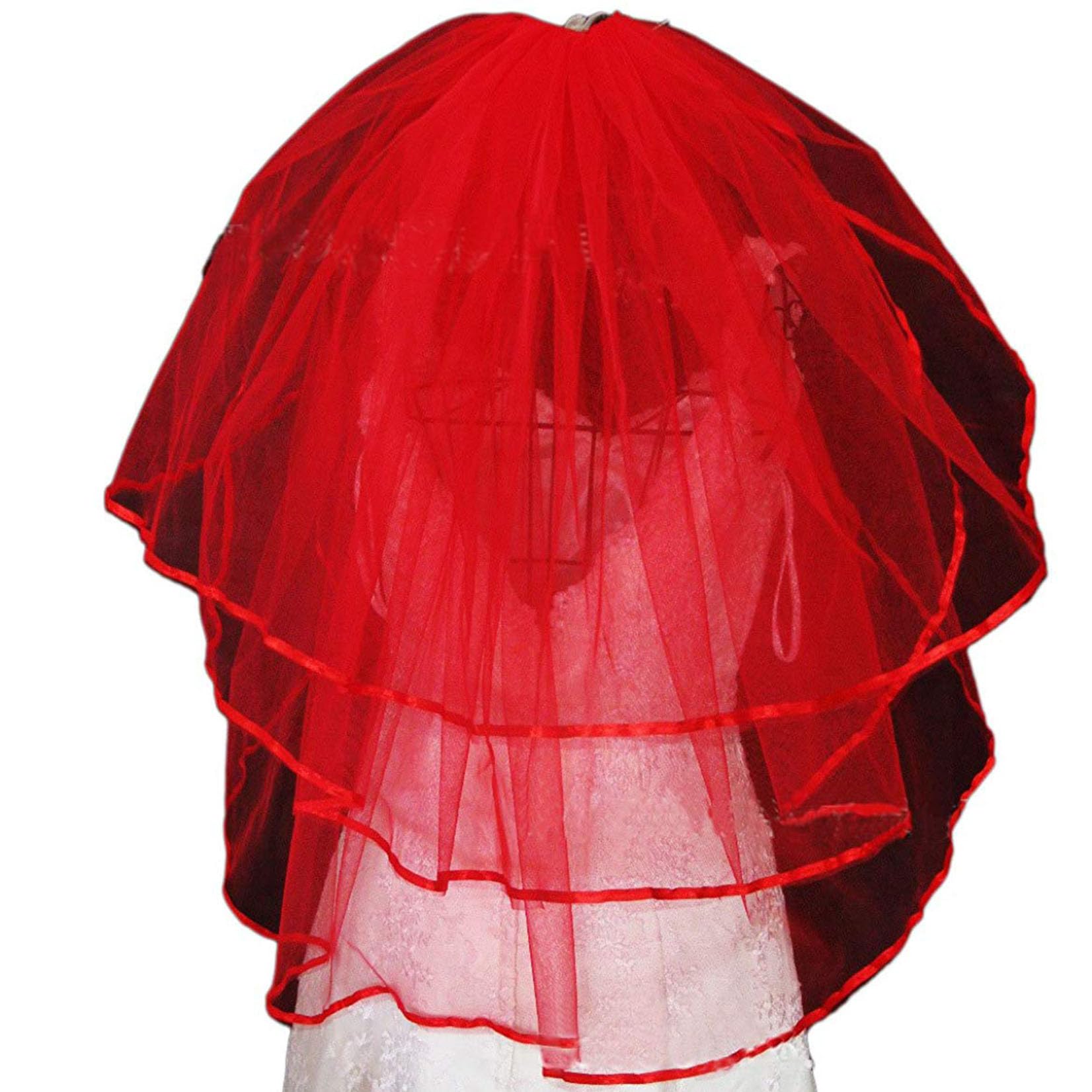 Orcle Women's Short Wedding Veils with Comb 3 Tier Halloween Tulle Bridal Veil - Red - One Size