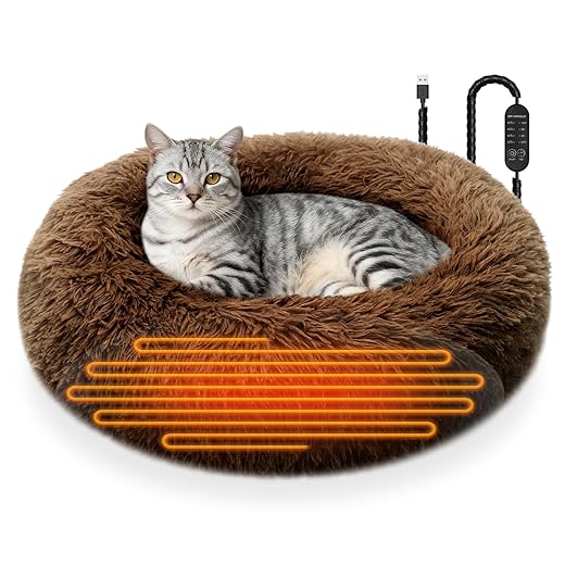 Heated Cat Beds for Indoor Cats and Small Dogs, 24'' Heated Pet Bed with Timer & Temp Adjustable, Soft Donut Round Calming Cats Beds Removable Waterproof Pet Heating Pad Electric Warm Cat Bed- Brown