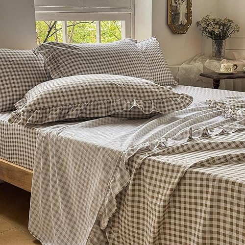 NSNLGSGC Tan Gingham Ruffle King Sheet Set, Taupe Soft Pre-Washed