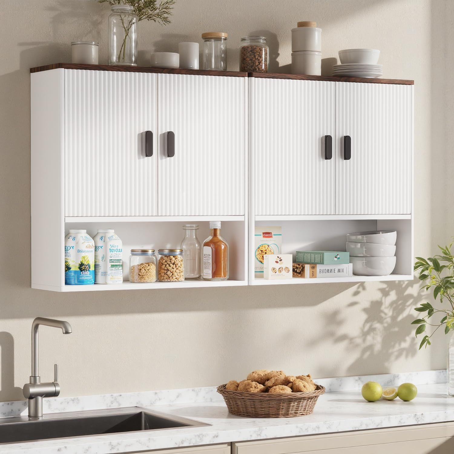 Bathroom Wall Cabinet, Modern Medicine Cabinet with Adjustable Shelves, 2 Fluted Doors & Silent Soft-Close Hinges, Storage Cabinet for Kitchen, White