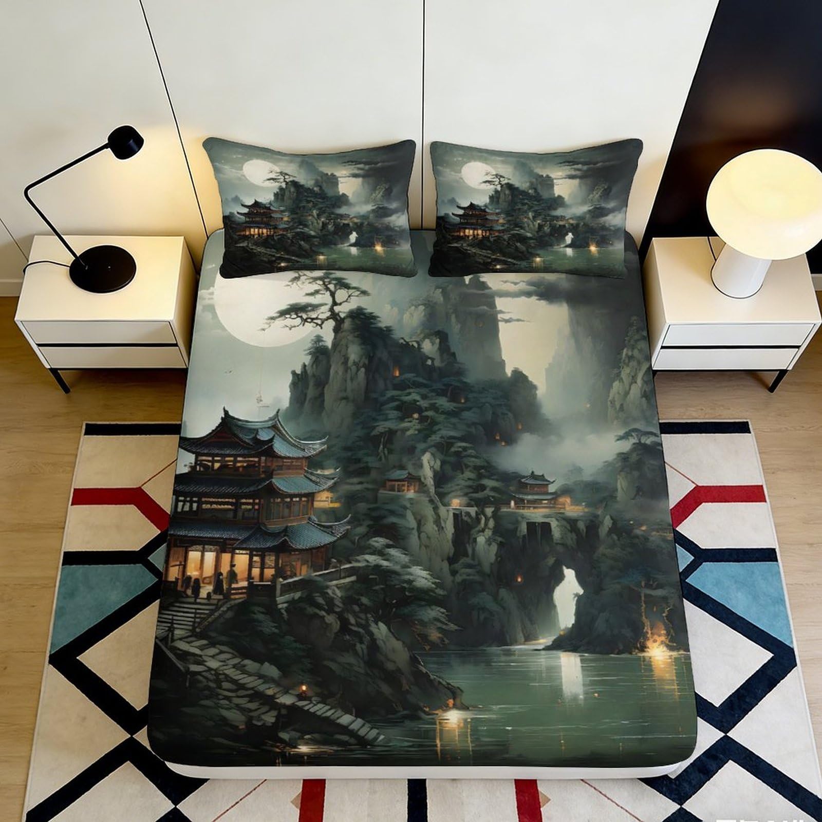 3D Printed Chinese Landscape Fitted Sheet Microfiber Soft Artistic Mountain River Bed Cover for Bedroom, Dorm, Guest Room Mattress Protection 90x200x25cm