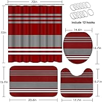Vista 2 de Juego de cortina de ducha a rayas rojas burdeos con tapa de inodoro y alfombras antideslizantes para baño, cortina de ducha moderna de líneas grises