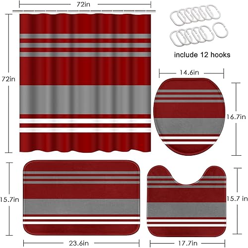 Miniatura 2 de Tayney Juego de 4 cortinas de ducha a rayas rojas y burdeos con tapa de inodoro y alfombras antideslizantes, 4 cortinas de ducha modernas con líneas