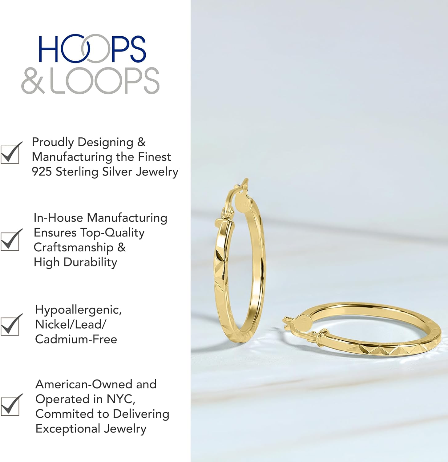 Hoops & Loops 925 Sterling Silver Diamond-Cut Square-Tube Click-Top Round Hoop Earrings for Women, Sizes 15mm 20mm 25mm 30mm 35mm, Silver, Yellow & Rose Gold - Image 4