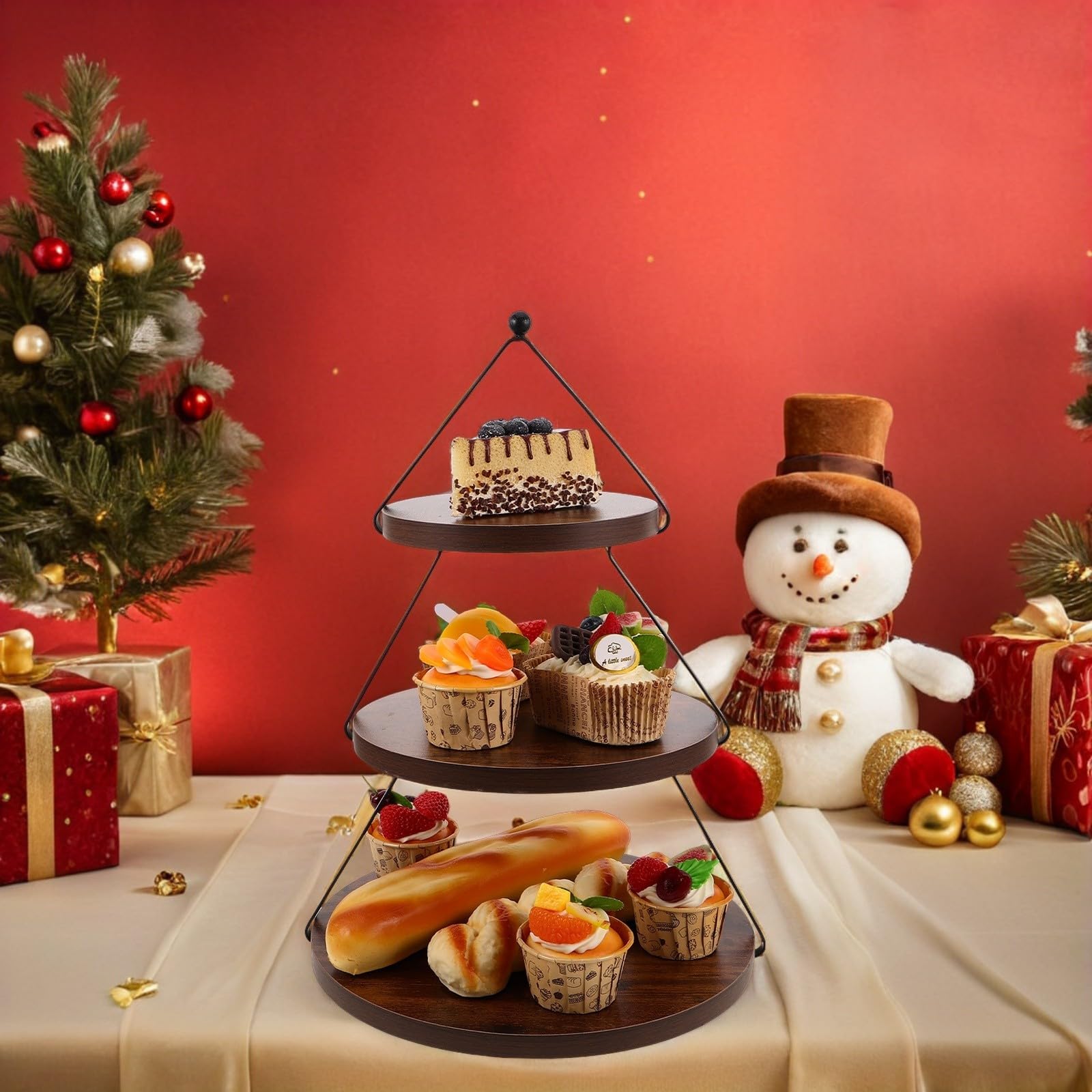 ULTECHNOVO Alzata per Torte a Tre Livelli in Legno e Ferro Struttura Stabile a Forma di Albero di Natale, Portatile e Rustica per Esposizione Dolci e Tè Pomeridiano