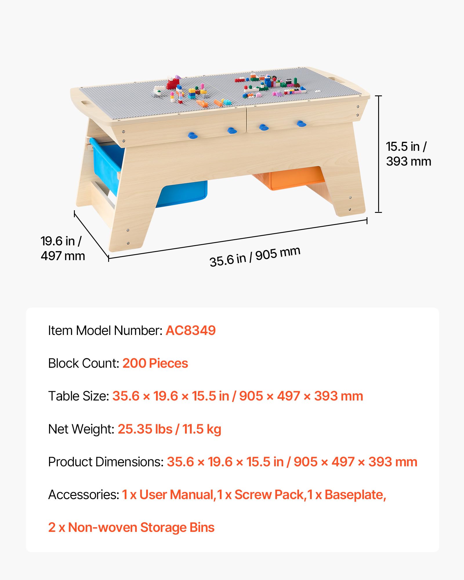 VEVOR Kindertisch 905 x 497 x 393 mm, Aktivitätstisch aus Holz, Mehrzweck-Spieltisch mit 200 Bausteinen und 3 Aufbewahrungsbehältern, Bausteintisch, Geschenk für Kinder ab 3 Jahren, Holzfarbe