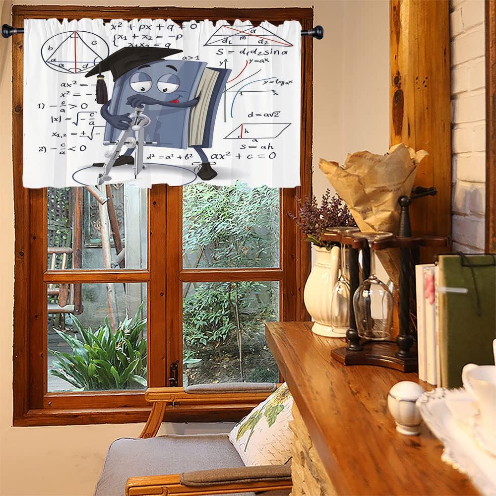 Curtain Valances, Mathematics Classroom Decor Blackout Window Curtains Ombre, Cartoon Textbook Character Drawing Circle Pair of, 60"W x 18"L, For Living Room, Bedroom, Kitchen, Bathroom, Multicolor