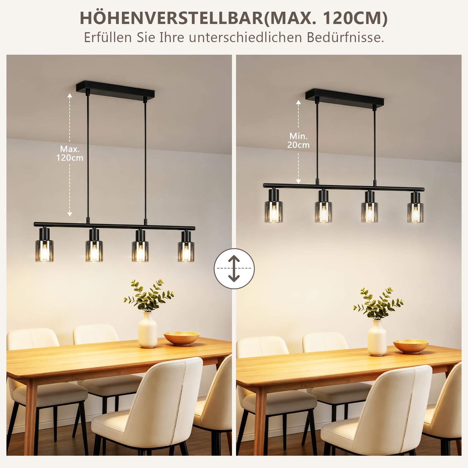 Hängelampe 4 flammig Pendelleuchte esstisch - Vintage Esstischlampe hängend Schwarz industrial Hängeleuchte Glas E14 retro Esszimmerlampe Pendellampe für Esszimmer Küche (Ohne Leuchtmittel)