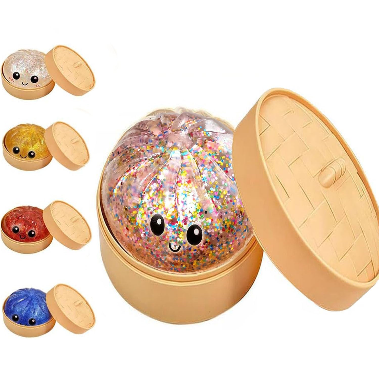 Glitter Dumpling Squishy, 2026 New Bun Squeeze Stress Relief Ball with Steamer Box for Stress Relief, More Surprises (White) — view 9