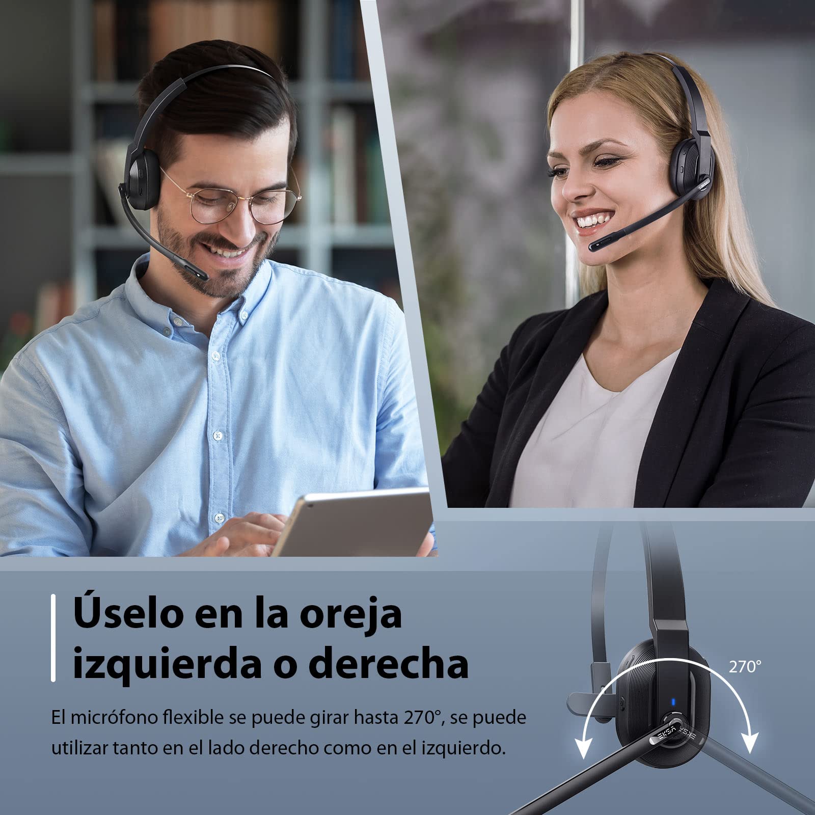 EKSA H5 Auriculares BT con Micrófono y USB Dongle 45 Tiempo de Reproducción Auriculares Inalambricos PC, Cascos con AI Micrófono Cancelación Comerciales para Oficina/Hogar