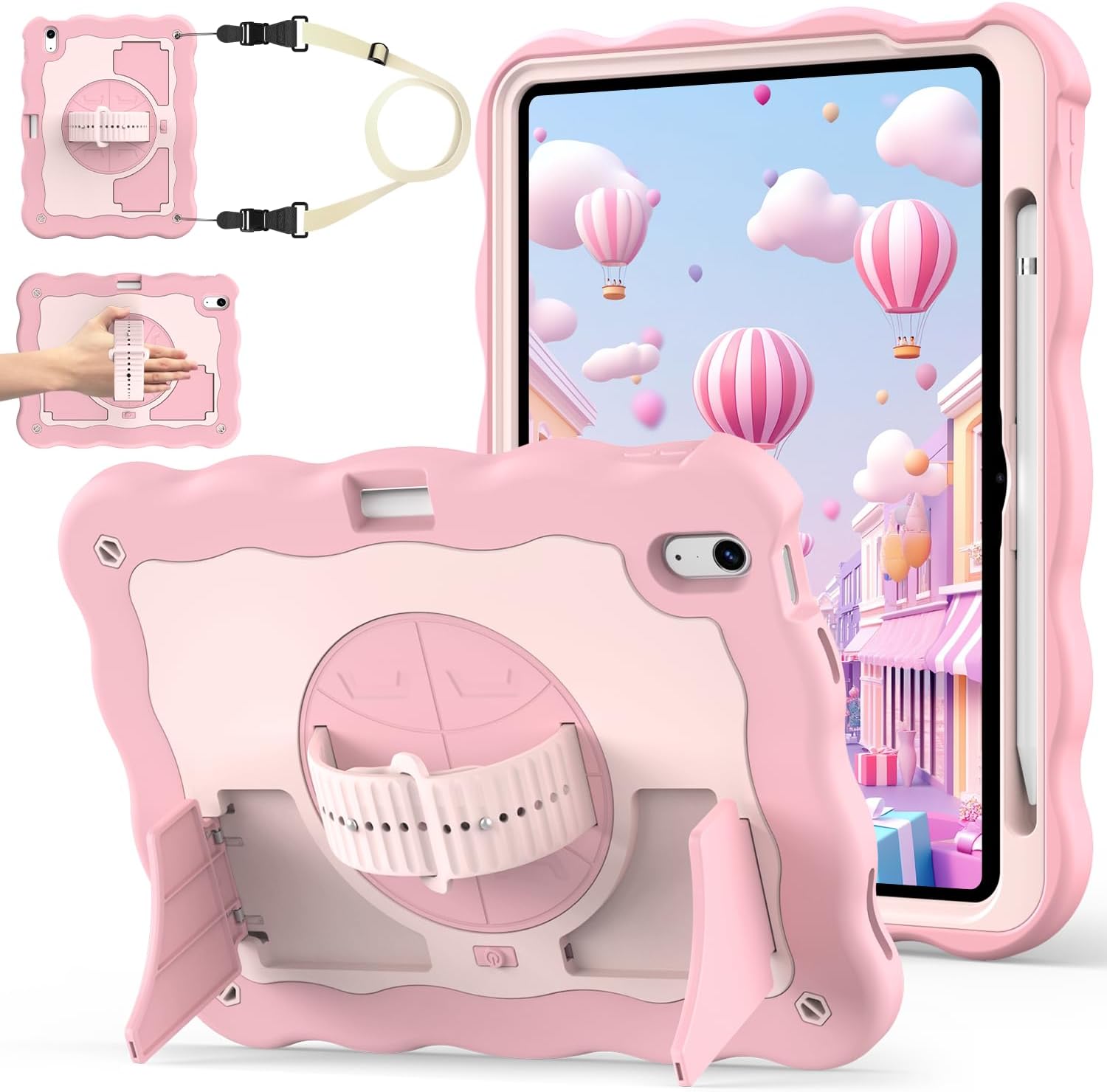 for iPad A16 11th Generation 2025 / 10th Gen Case 2022, for 11 Inch / 10.9 Inch iPad Case Heavy Duty Cover Shockproof with Pencil Holder [360° Rotate Strap] & Stand, Pink for iPad 11"/10.9"(A16 11th/10th) #02 PINK