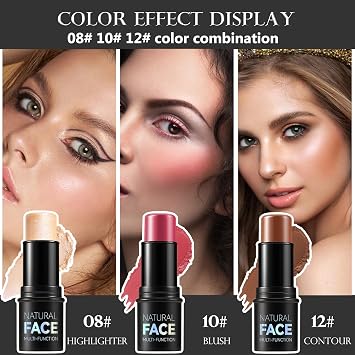 3 Pack Contour Highlighter Blush Sticks with Brush, Cream Bronzer Contour Stick Kit for Cheeks Eyes Lips, Long Lasting Waterproof Smooth Multi Stick Face Makeup Set for All Skin Type (Set D)
