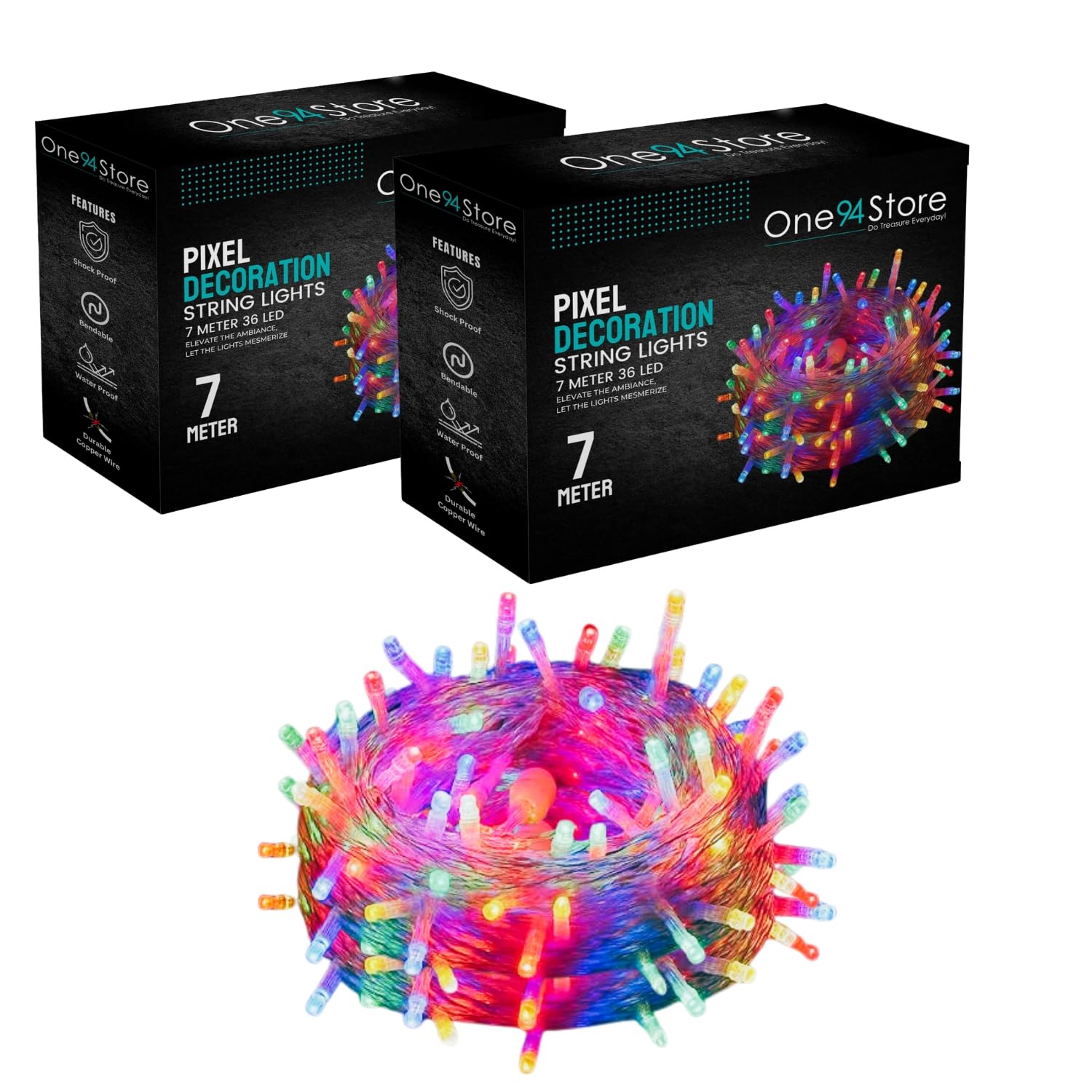 One94Store 24 Ft LED Pixel String Lights | 360° Copper Wire Multicolor LED Bulb Series with White Wire for Diwali, Christm...
