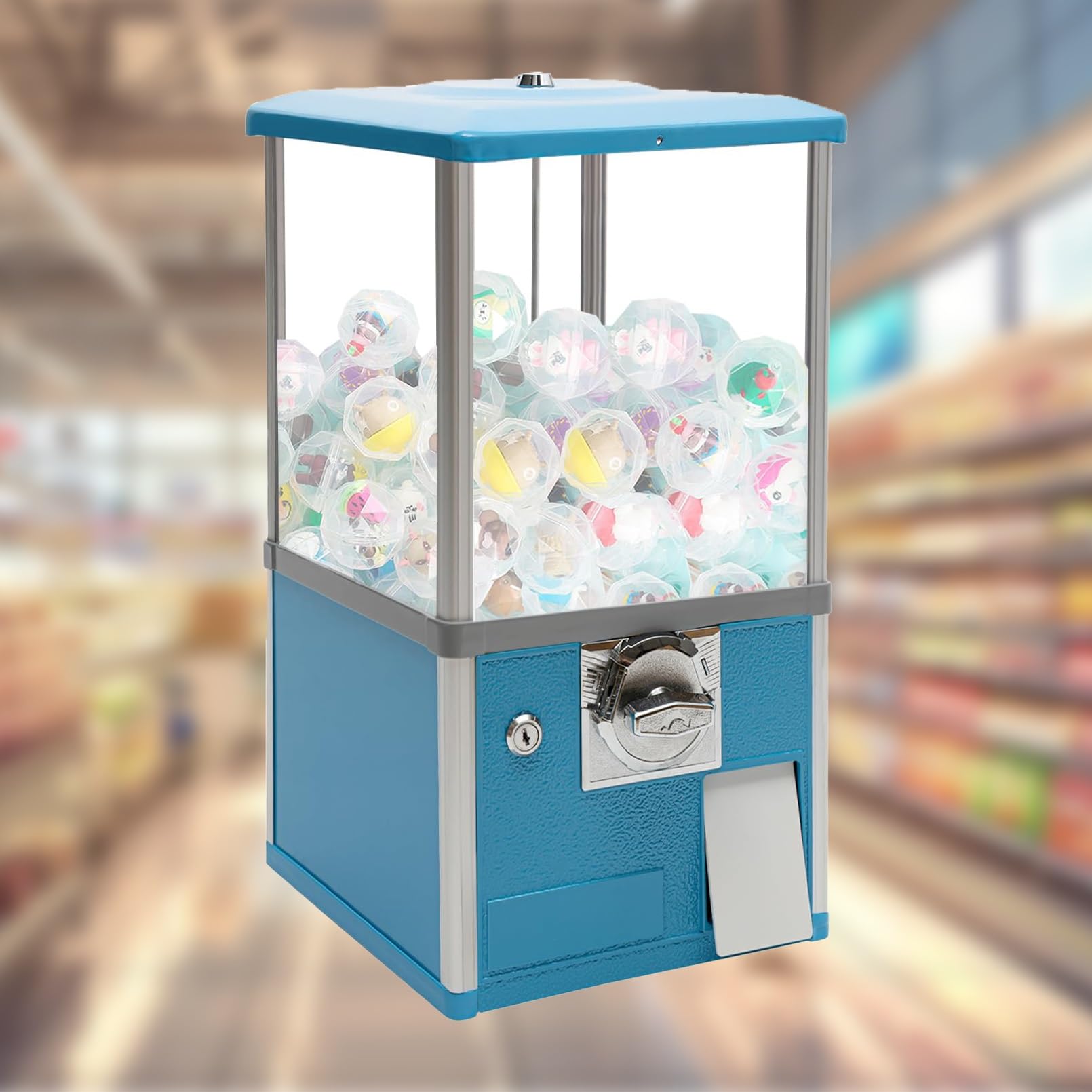 Verkaufsautomat mit Münzeinwurf,Kaugummiautomat mit Kapseln,Verkaufsautomaten für Unternehmen,Kapselautomat mit Schlössern für Kapselspielzeug,für Zuhause, Süßigkeitenautomat, Kaugummiautomat(Blue,1 E