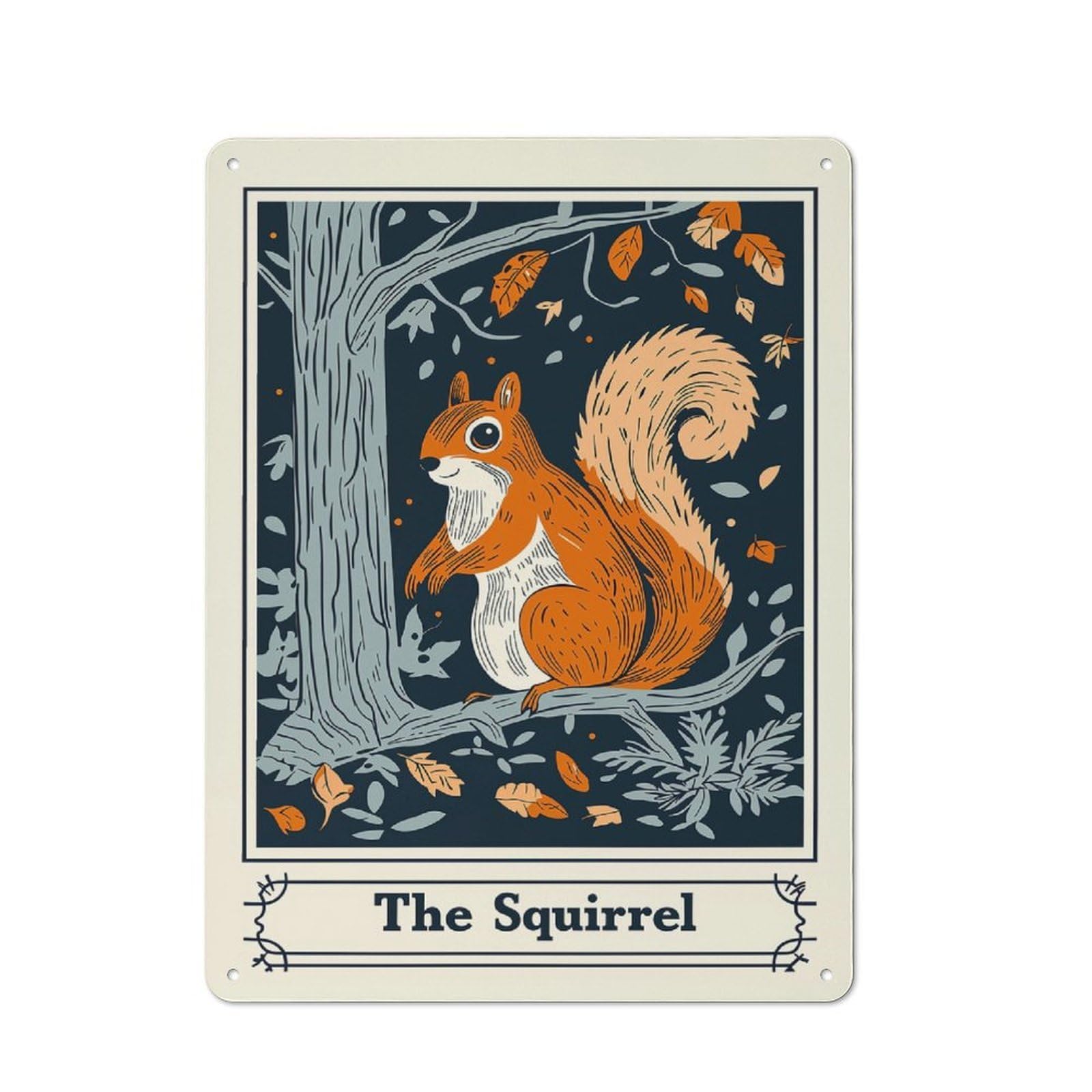 Junmoney Style-21 Squirrel Illustration Rustic Tin Wall Plaque 40X30cm For Hobby Room Or Studio, A Christmas Gift For People Styling Hobby Room And Studio