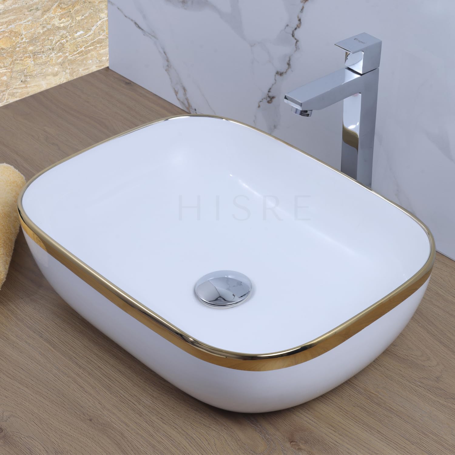 HISRE Table Top Wash Basin For Bathroom | Over Counter Top Wash Basin For Living Room | Washbasin Countertop | Tabletop Ceramic Bathroom Kitchen Sink (18 x 14 x 5.5 Inch) (SKTHI2305), photo 5 of 5