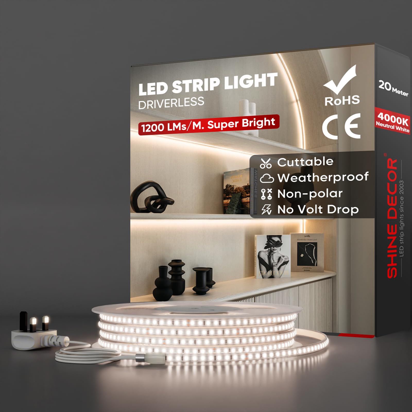 Shine Decor 20m LED Strip Light, AC 220V 230V, IP65 Waterproof, SMD 2835, 120 LEDs/m, Ultra-Bright with UK Plug for Living Room, Kitchen, Wardrobe, Corridors and Garden (Neutral White, CE Certified)