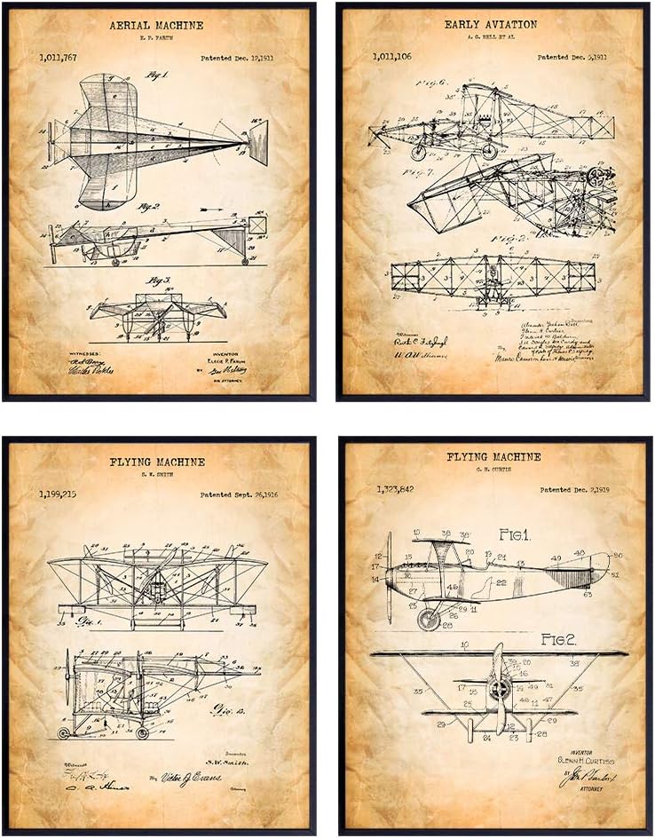 Early Aviation Airplanes Patent Art Prints, Vintage Wall Art Poster Set, Chic Rustic Home Decor for Living Room, Family Room, Man Cave, Bedroom, Gift for Pilots, Flight Attendants, 8×10 Photo Unframed