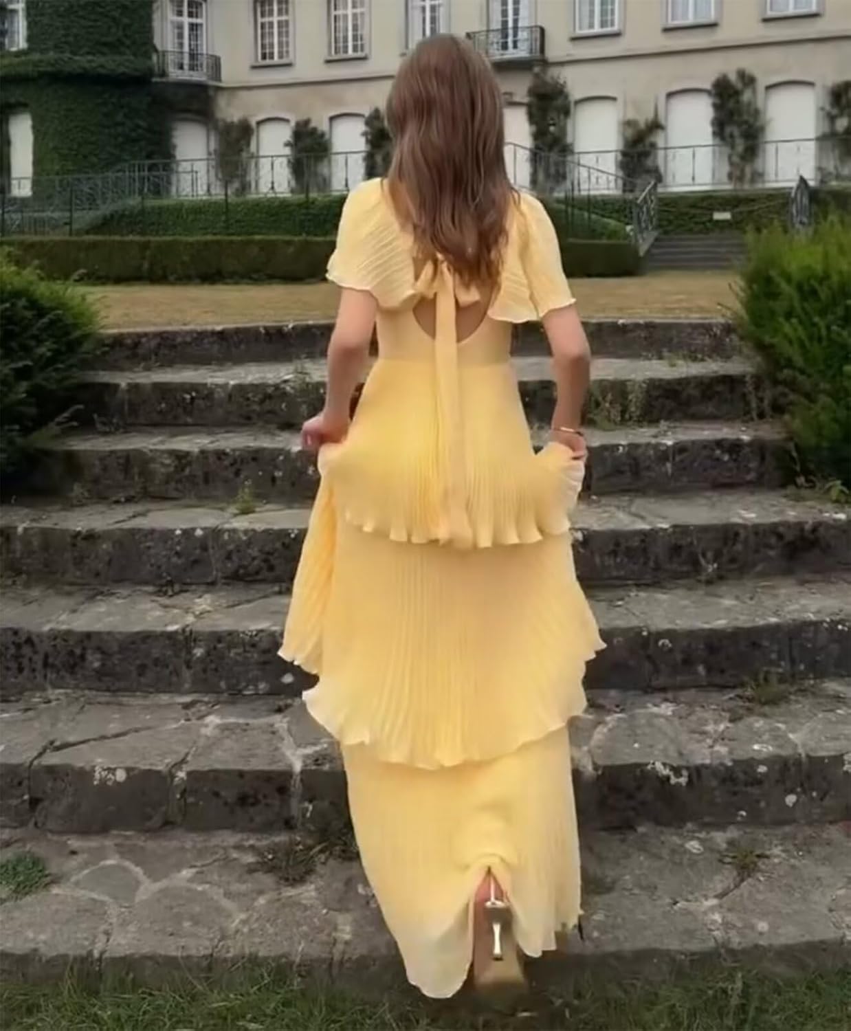 Mollyevers Tiered Ruffle Chiffon Bridesmaid Dresses for Women Long Pleated Formal Evening Dress with Sleeves