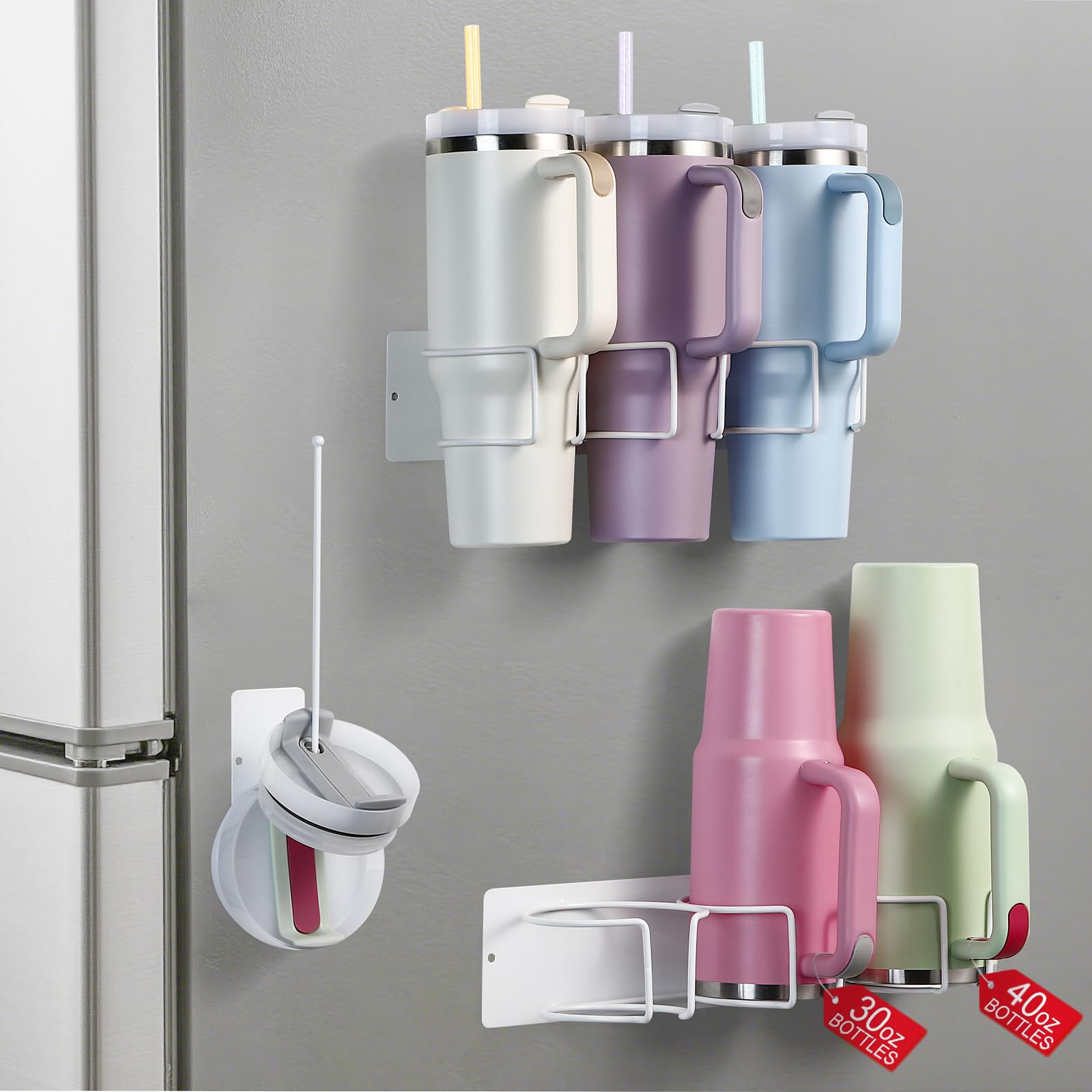 Winscj Magnetic Cup Holder for Stanley Cup 40 oz,2 pack Water Bottle Organizer for Refrigerator with Handle,Tumbler Lid Organizer for Stanley Cup