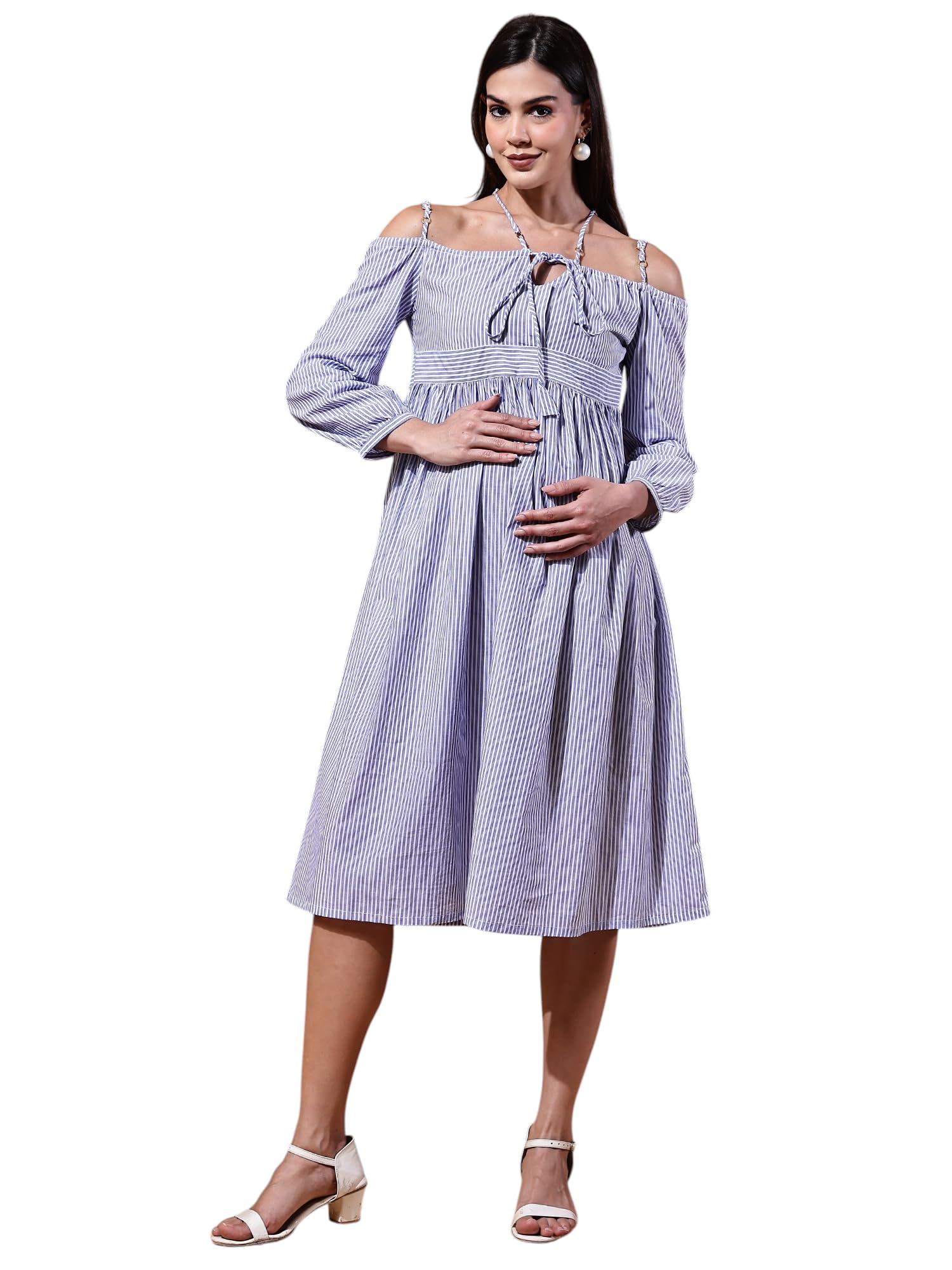 Women's Stripes Print Cotton Blue Color Maternity Midi Dress-image-49