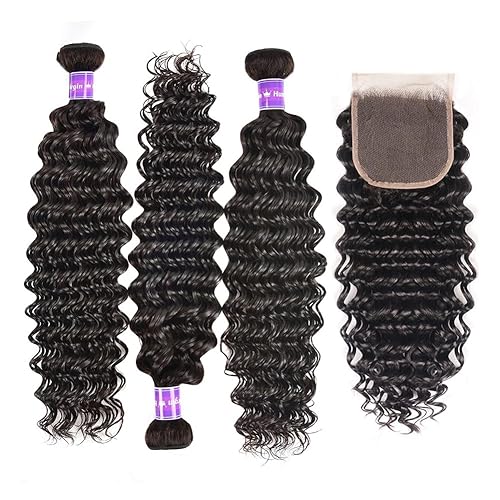 Miniatura 4 de Manojos de cabello humano con cierre (16, 18, 20+14, parte libre) 100% cabello humano brasileño rizado profundo con cierre de encaje, 3 paquetes con