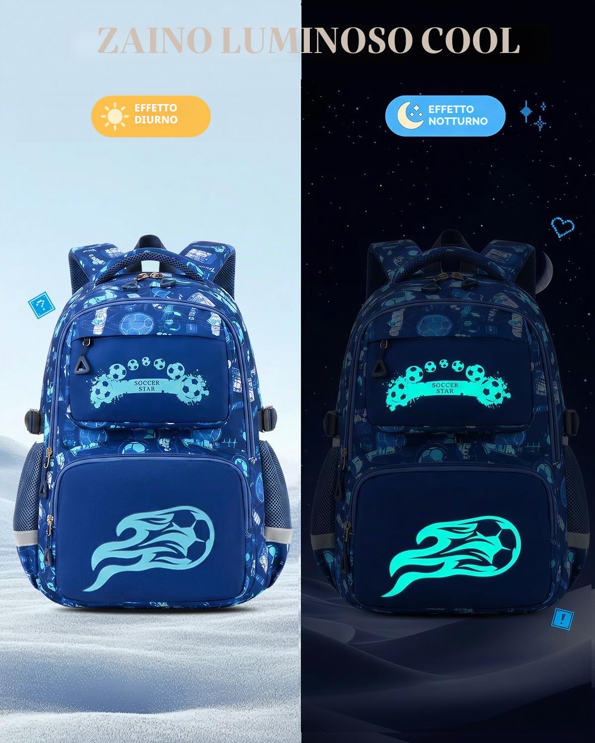 Amythe Zaino Scuola Ragazzi Classi da 1 a 4 Luminoso Leggero Moda, Calcio | Viaggio Riflettente Leggero Calcio Daypack Multitasche Capiente Resistente per Scuola Escursione Tempo Libero