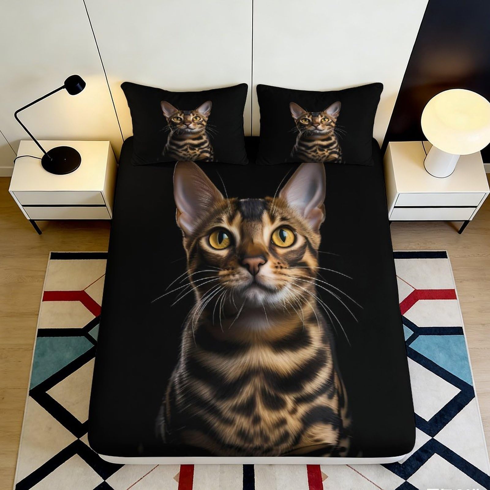3D Printed Realistic Cat Face Fitted Sheet Microfiber Soft Breathable Bengal Cat Mattress Cover for Bedroom Dormitory Guest Room Mattress Protection Decor 180x200x25cm