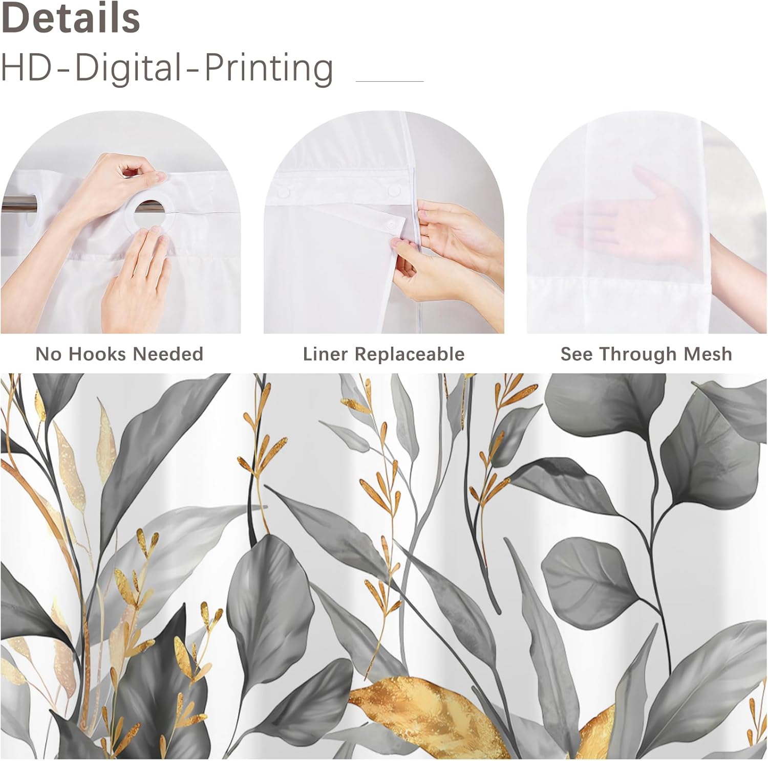 No Hook Shower Curtain,Gold Grey Leaves Double-Layered Shower Curtain with Snap-in Liner and Weights,Grey Plant Fabric Bath Curtain with See Through Mesh, 71x74in