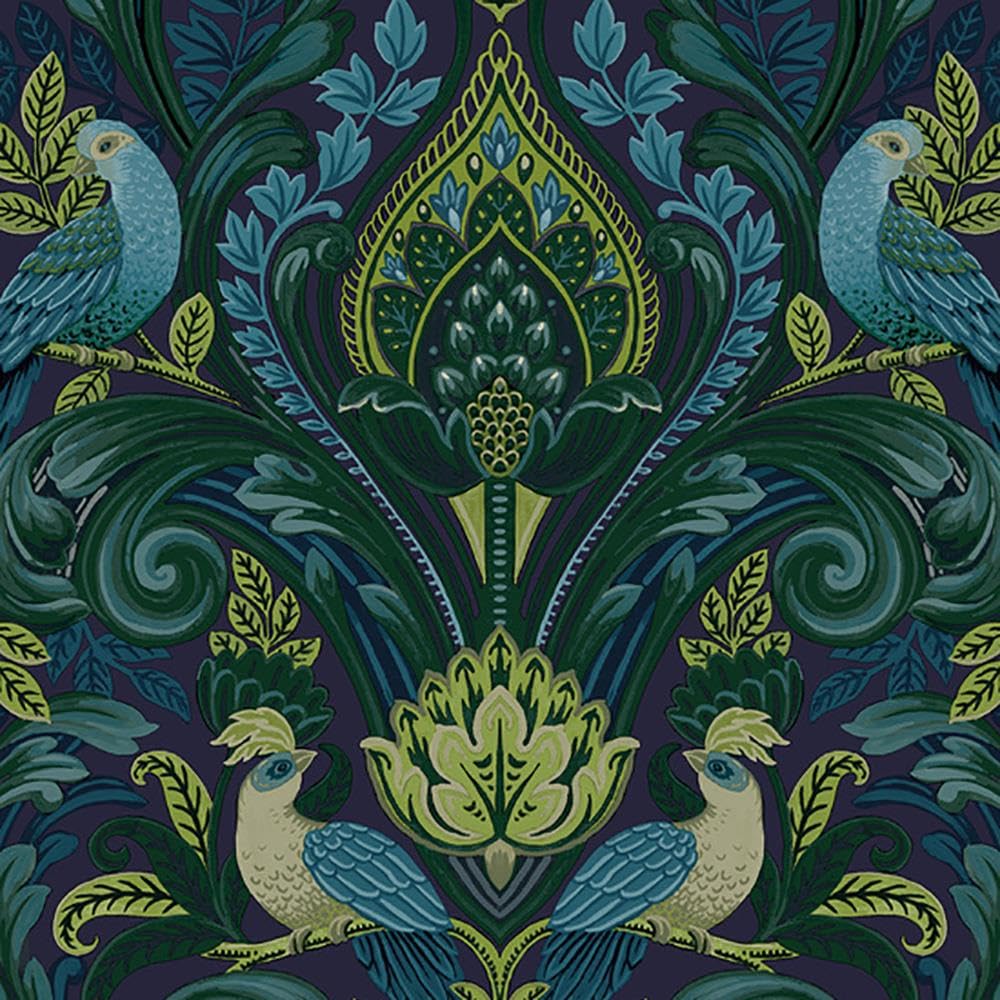 Arcadia Naturistic Green Wallpaper - Botanical Birds Leaves Navy Modern - Textured Paste The Wall Vinyl