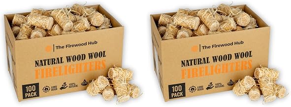 100 Wood Wool Fire Lighters - Natural Firelighters Made from Wood and Wax, Long Burn Time Up to 10 Minutes, Ideal Fire lighters for Log Burners, BBQ, Fireplace, and Campfires (Pack of 2)