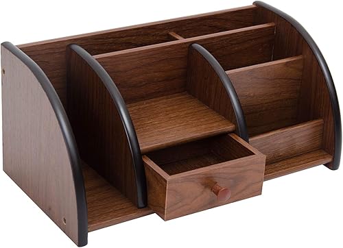 Organizador de escritorio de madera marrón cereza, múltiples compartimentos, estantes escalonados, estante de cajón, gabinete de almacenamiento de
