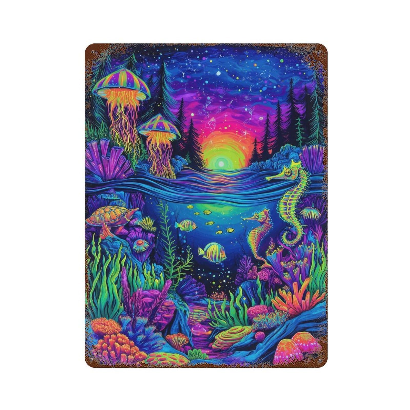 Underwater Neon Paradise 15.7"x11.8" Decorative Tin Sign, Retro Wall Decor for Bistro, Counter And Cafe Decor