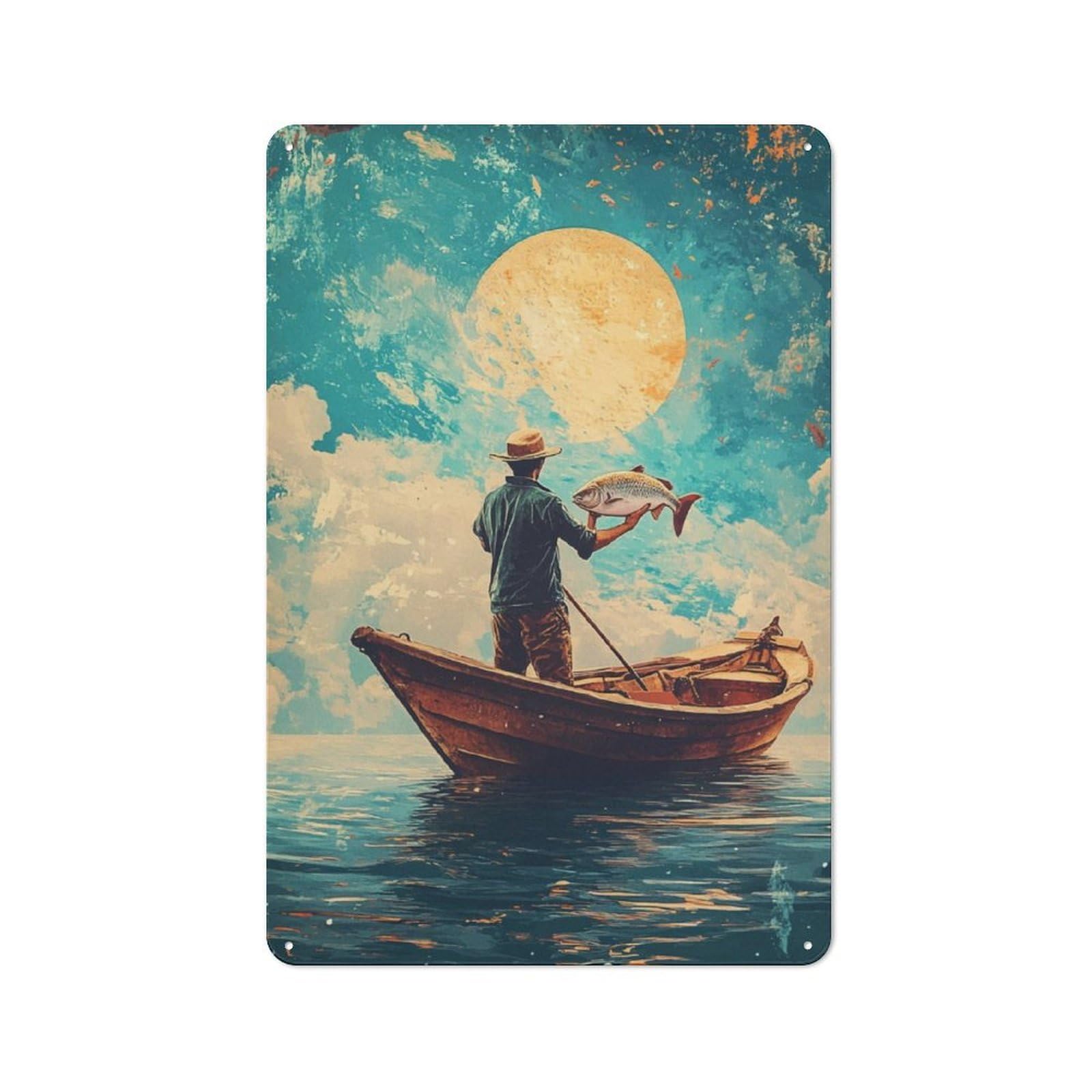 Junmoney Fisherman Under Giant Moon Tin Wall Plaque 30X20cm With For Bar Or Restaurant, Suited To Bar Decor Enthusiasts